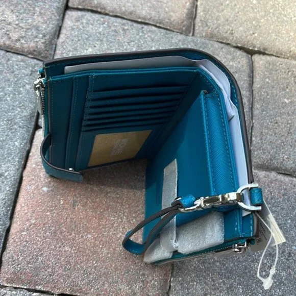 Michael Kors Large Double Zip Leather Wallet Wristlet Phone Case Lagoon - Picture 9 of 16